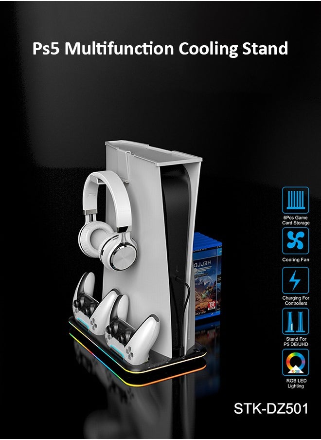Title: PS5 Multifunctional Cooling Stand with RGB LED Lighting, Dual Controller Charging, 3-Speed Fan, Game Card Storage, and Headset Holder