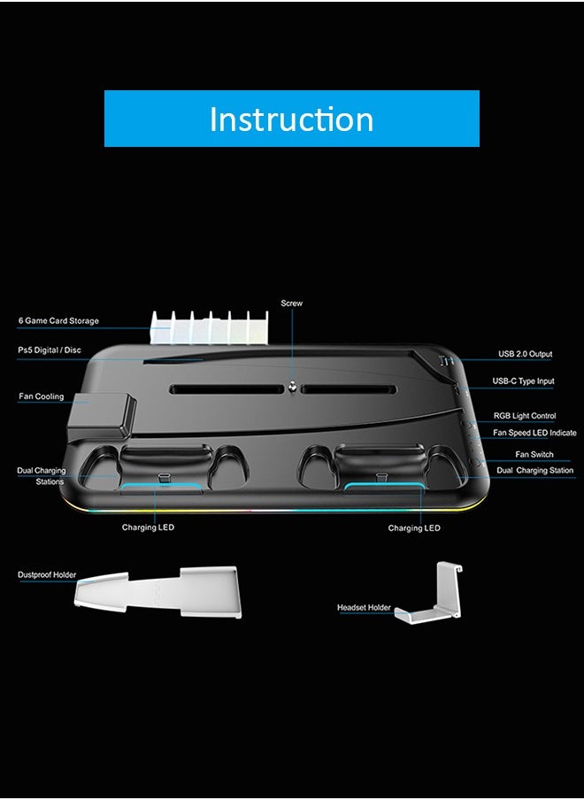 Title: PS5 Multifunctional Cooling Stand with RGB LED Lighting, Dual Controller Charging, 3-Speed Fan, Game Card Storage, and Headset Holder