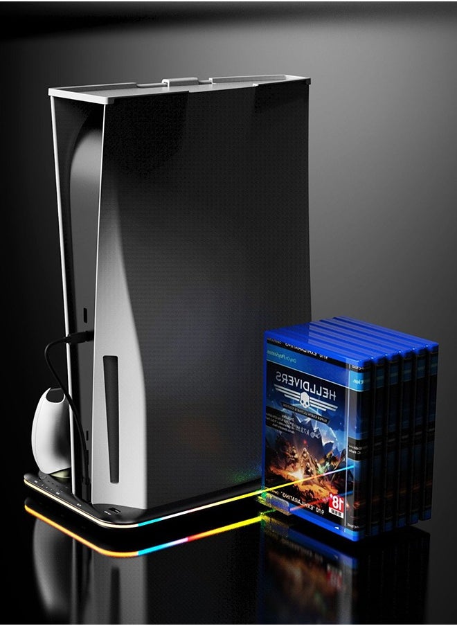 Title: PS5 Multifunctional Cooling Stand with RGB LED Lighting, Dual Controller Charging, 3-Speed Fan, Game Card Storage, and Headset Holder