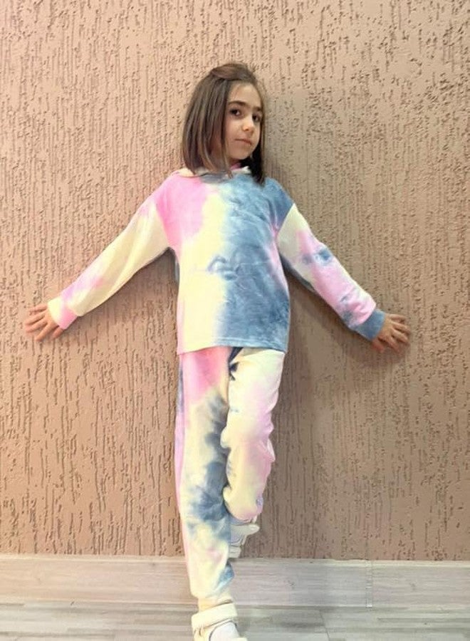 Arshiner Girl's 2 Piece Tie-dye Pullover Hooded Sweatshirt Set Loungewear Sweatpants, Grey&pink, 11-12 Years - Image 2