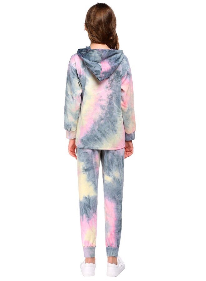 Arshiner Girl's 2 Piece Tie-dye Pullover Hooded Sweatshirt Set Loungewear Sweatpants, Grey&pink, 11-12 Years - Image 5