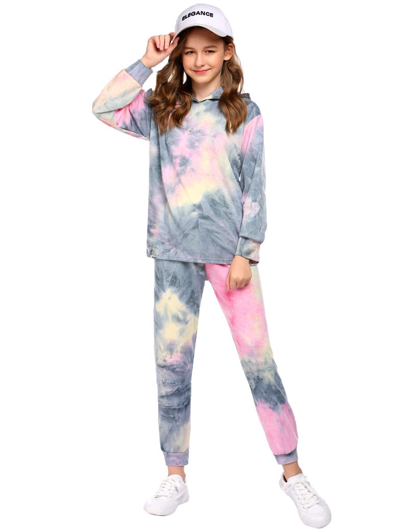 Arshiner Girl's 2 Piece Tie-dye Pullover Hooded Sweatshirt Set Loungewear Sweatpants, Grey&pink, 11-12 Years - Image 1