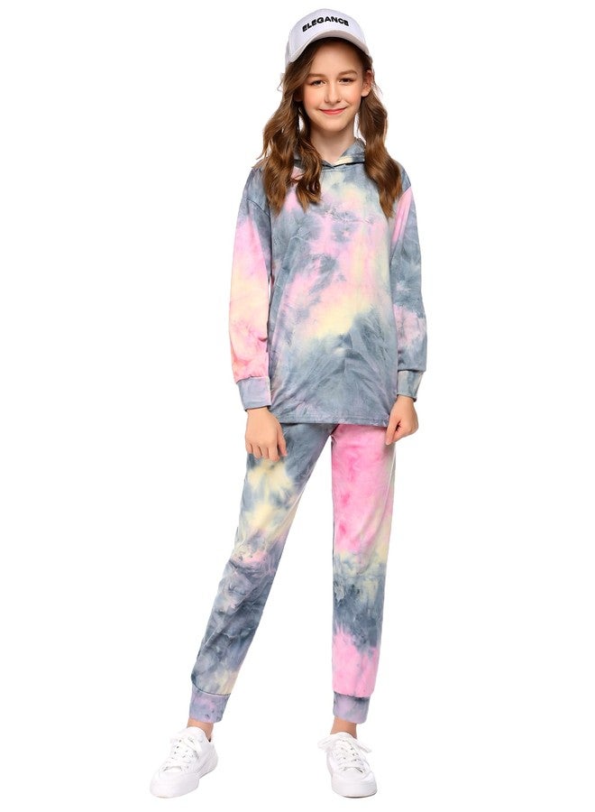 Arshiner Girl's 2 Piece Tie-dye Pullover Hooded Sweatshirt Set Loungewear Sweatpants, Grey&pink, 11-12 Years - Image 3