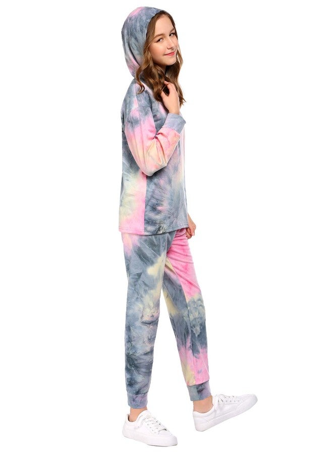 Arshiner Girl's 2 Piece Tie-dye Pullover Hooded Sweatshirt Set Loungewear Sweatpants, Grey&pink, 11-12 Years - Image 4