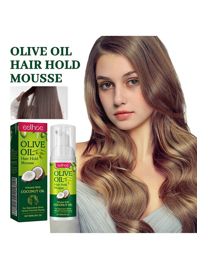 EELHOE Olive Oil Hair Styling Mousse, Hair Control Mousse with Coconut Oil Non Sticky Moisturizing Nourishing Curl Hair Foam Mousse for Hair Volumizing and Against Frizz for All Kinds Hair 60ml - Image 1