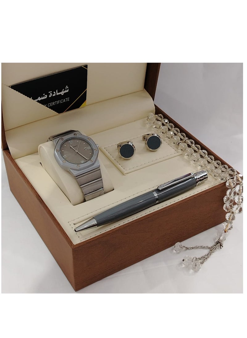 Generic 4-Piece Watch Gift Set for Men (Wristwatch with Pen, Set of Buttons and Rosary) 