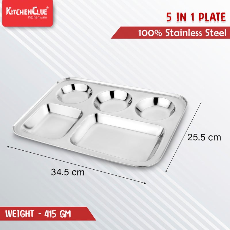 KITCHEN CLUE Stainless Steel 5 in 1 Compartment Plate (Pack of 8, Silver) Highly Durable Steel Rectangular Dinner Plates - Steel Bhojan Thali/Kitchen Set - Image 3