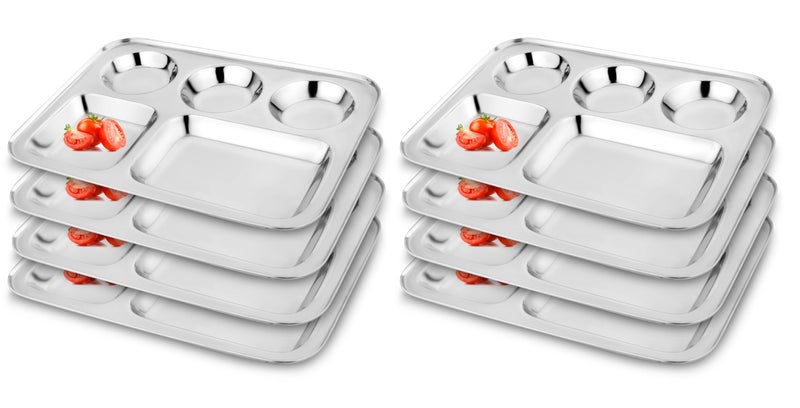 KITCHEN CLUE Stainless Steel 5 in 1 Compartment Plate (Pack of 8, Silver) Highly Durable Steel Rectangular Dinner Plates - Steel Bhojan Thali/Kitchen Set - Image 1