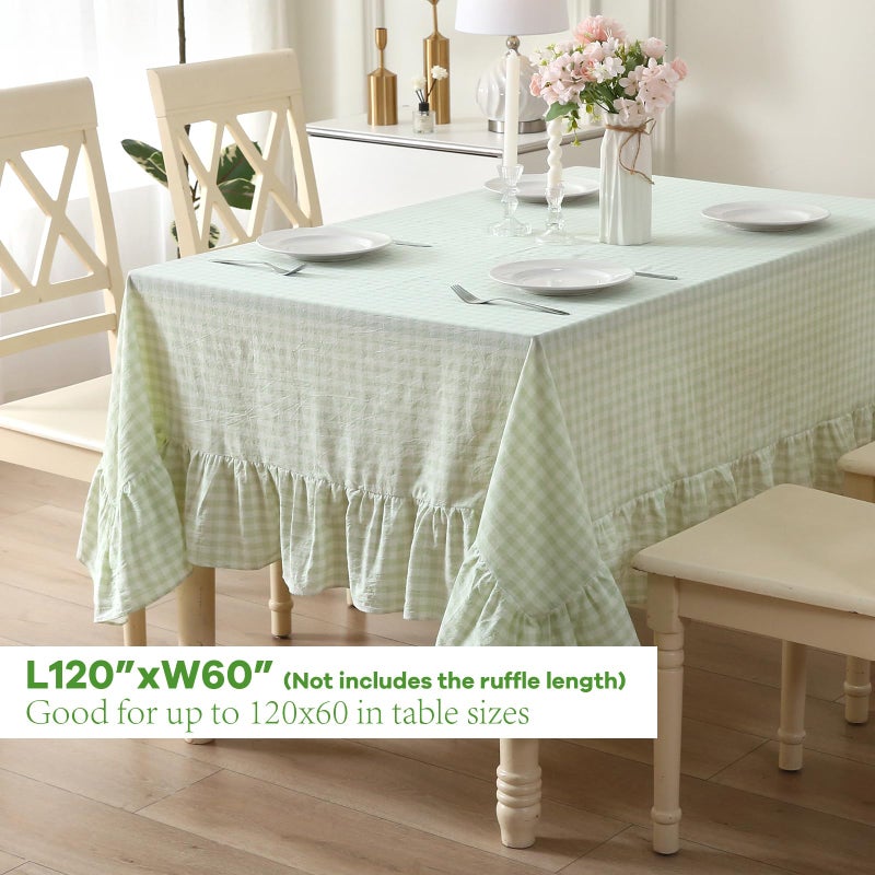 K MASANIJI Pile Green White Plaid Ruffled Table Cloth Rectangular for Seat 8-10, 100% Washed Cotton Buffet Cottage Coquette Checker Gingham Vintage Decorative Tablecloth - 120"x60" - Image 3