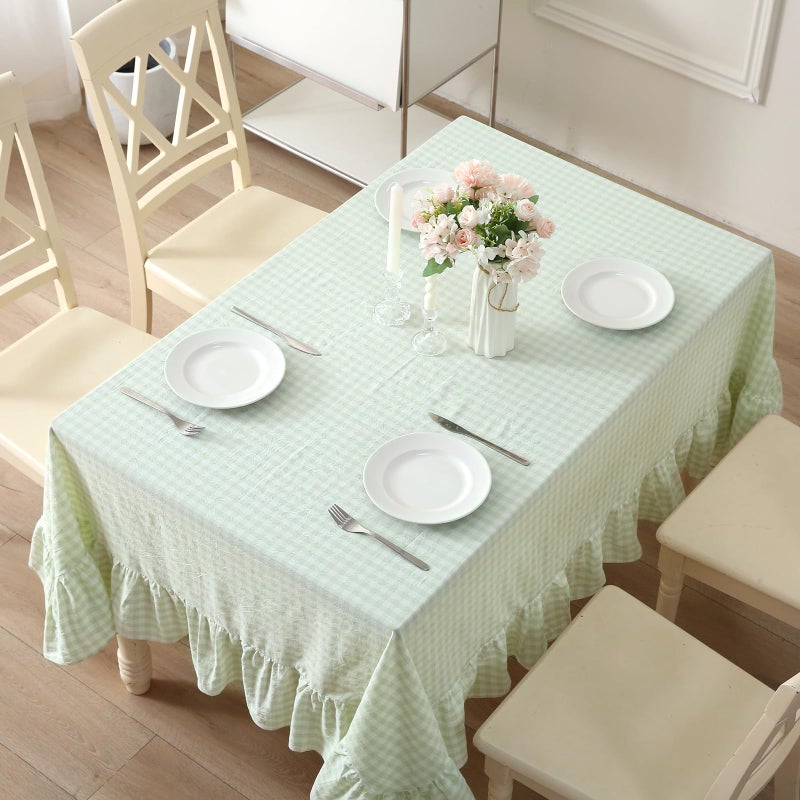 K MASANIJI Pile Green White Plaid Ruffled Table Cloth Rectangular for Seat 8-10, 100% Washed Cotton Buffet Cottage Coquette Checker Gingham Vintage Decorative Tablecloth - 120"x60" - Image 4