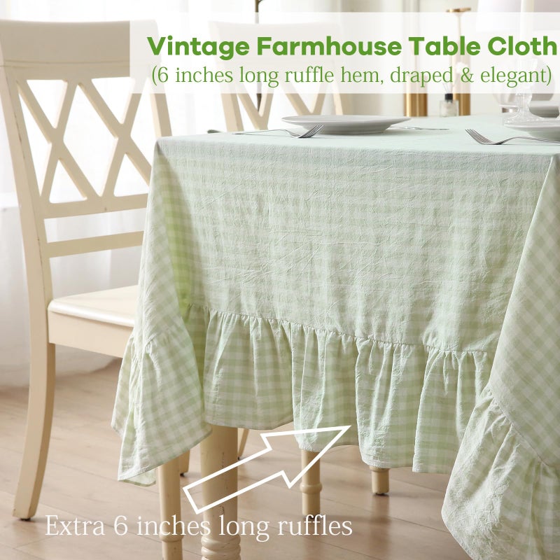 K MASANIJI Pile Green White Plaid Ruffled Table Cloth Rectangular for Seat 8-10, 100% Washed Cotton Buffet Cottage Coquette Checker Gingham Vintage Decorative Tablecloth - 120"x60" - Image 5