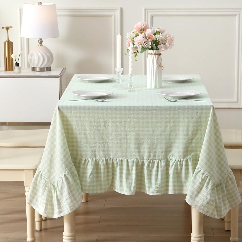 K MASANIJI Pile Green White Plaid Ruffled Table Cloth Rectangular for Seat 8-10, 100% Washed Cotton Buffet Cottage Coquette Checker Gingham Vintage Decorative Tablecloth - 120"x60" - Image 1