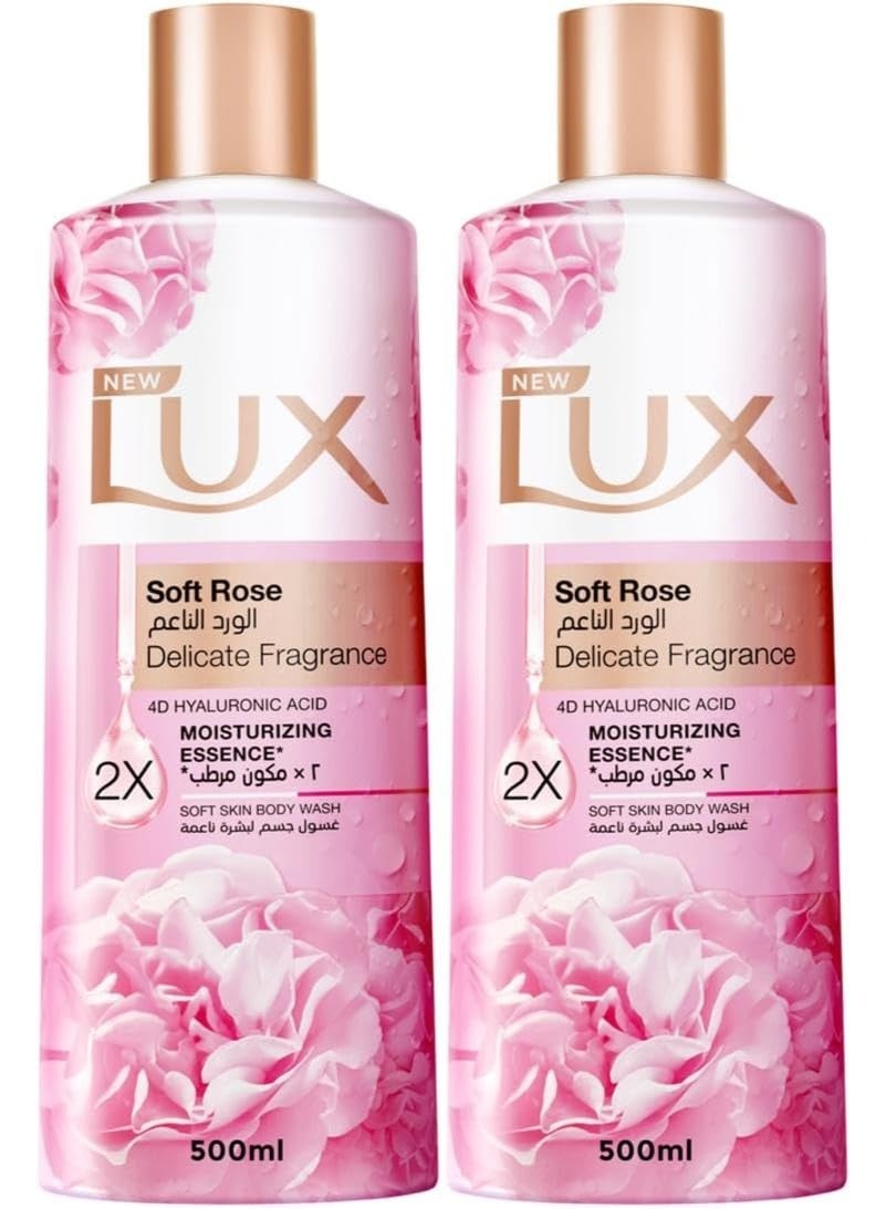 LUX Delicate Fragrance Body Wash, Soft Rose, 2x Moisturizing Essence, with 4D Hyaluronic Acid, 500ml x 2