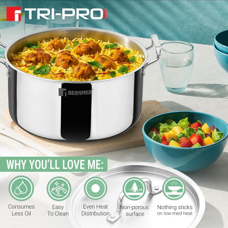 Tripro 28cm (3.8L) Tri-Ply Stainless Steel Casserole, Cook & Serve Biryani Pot/Handi with Lid, Even Heat Distribution, Energy Saving, Healthy Cooking, Induction & Gas Stove Compatible - Image 5