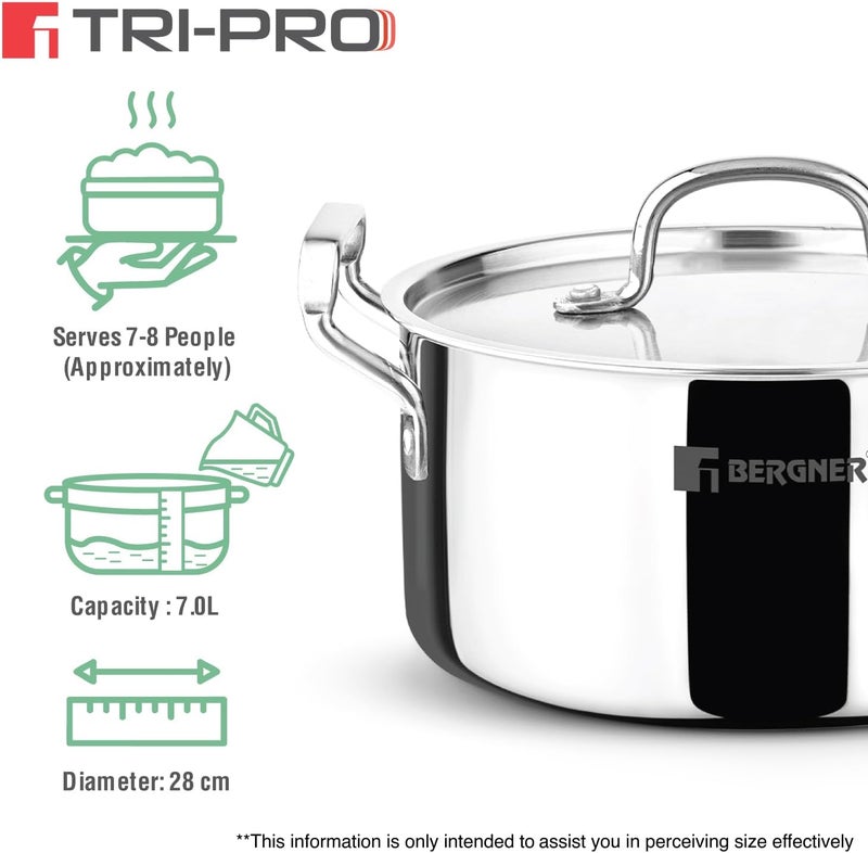 Tripro 28cm (3.8L) Tri-Ply Stainless Steel Casserole, Cook & Serve Biryani Pot/Handi with Lid, Even Heat Distribution, Energy Saving, Healthy Cooking, Induction & Gas Stove Compatible - Image 3