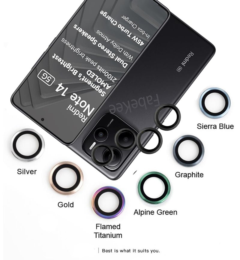 FabeKee Tempered Glass Camera Lens Protector For Xiaomi Redmi Note 14 9H Hardness, Full Coverage Anti Scratch Camera Metal Ring (Redmi Note 14, Black) - Image 3