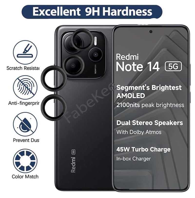 FabeKee Tempered Glass Camera Lens Protector For Xiaomi Redmi Note 14 9H Hardness, Full Coverage Anti Scratch Camera Metal Ring (Redmi Note 14, Black) - Image 2