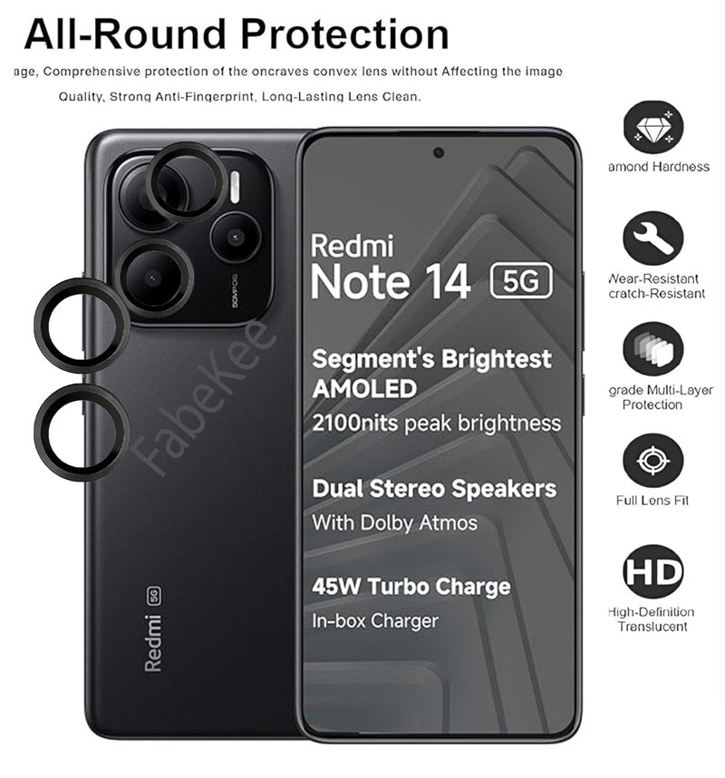 FabeKee Tempered Glass Camera Lens Protector For Xiaomi Redmi Note 14 9H Hardness, Full Coverage Anti Scratch Camera Metal Ring (Redmi Note 14, Black) - Image 4