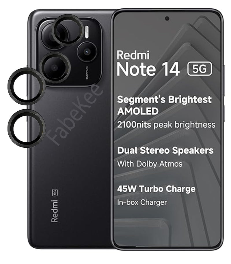 FabeKee Tempered Glass Camera Lens Protector For Xiaomi Redmi Note 14 9H Hardness, Full Coverage Anti Scratch Camera Metal Ring (Redmi Note 14, Black) - Image 1