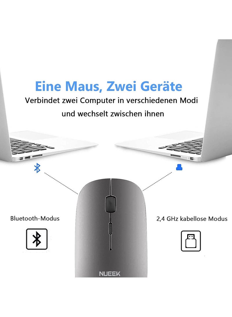 NUEEK Wireless Bluetooth Mouse, Bluetooth 5.1 + 2.4GHz USB Wireless Receiver, Type-C Rechargeable Silent Bluetooth Wireless Mouse for PC, Laptop, Tablet, Mobile Phone, 3 Presets Adjustable DPI (Grey) - Image 2