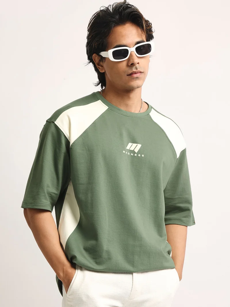 مانياك Maniac Mens Printed Round Neck Half Sleeve Biscuit and Brown Cotton Tshirt