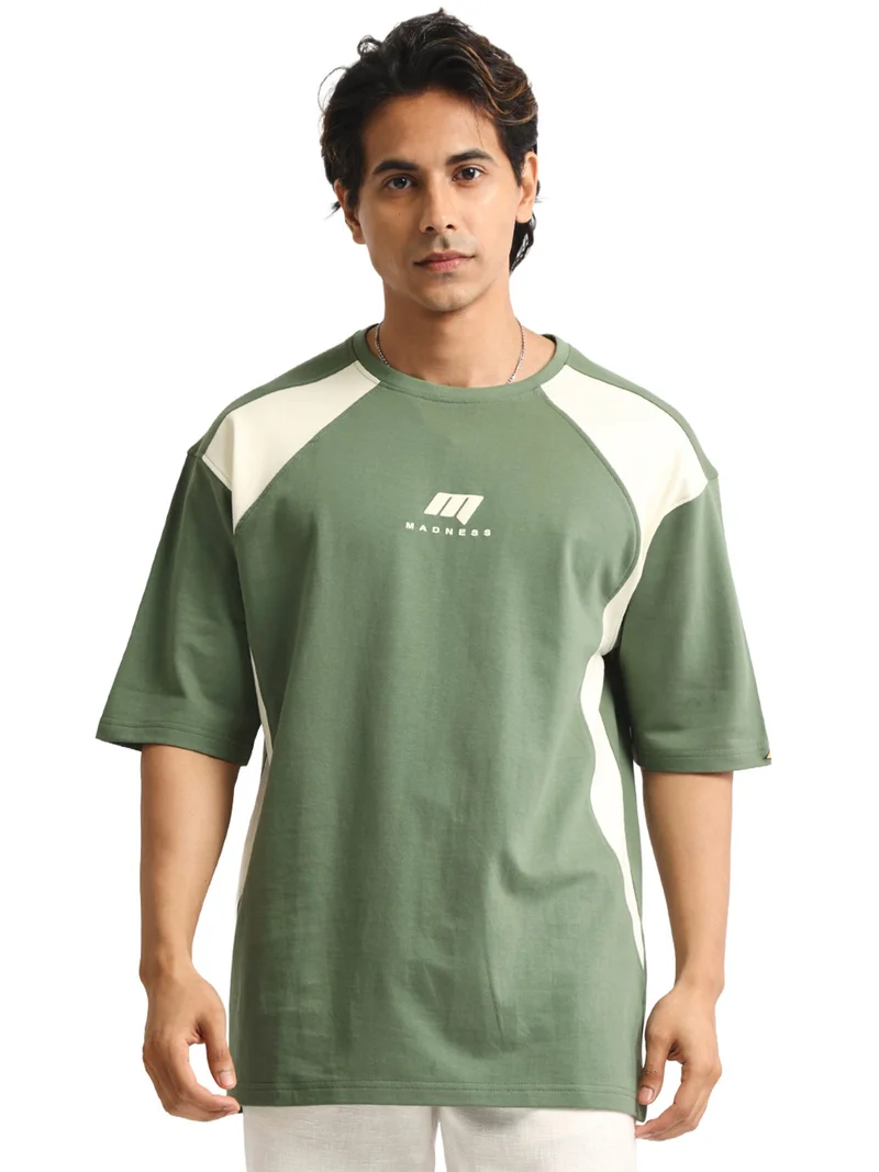 مانياك Maniac Mens Printed Round Neck Half Sleeve Biscuit and Brown Cotton Tshirt