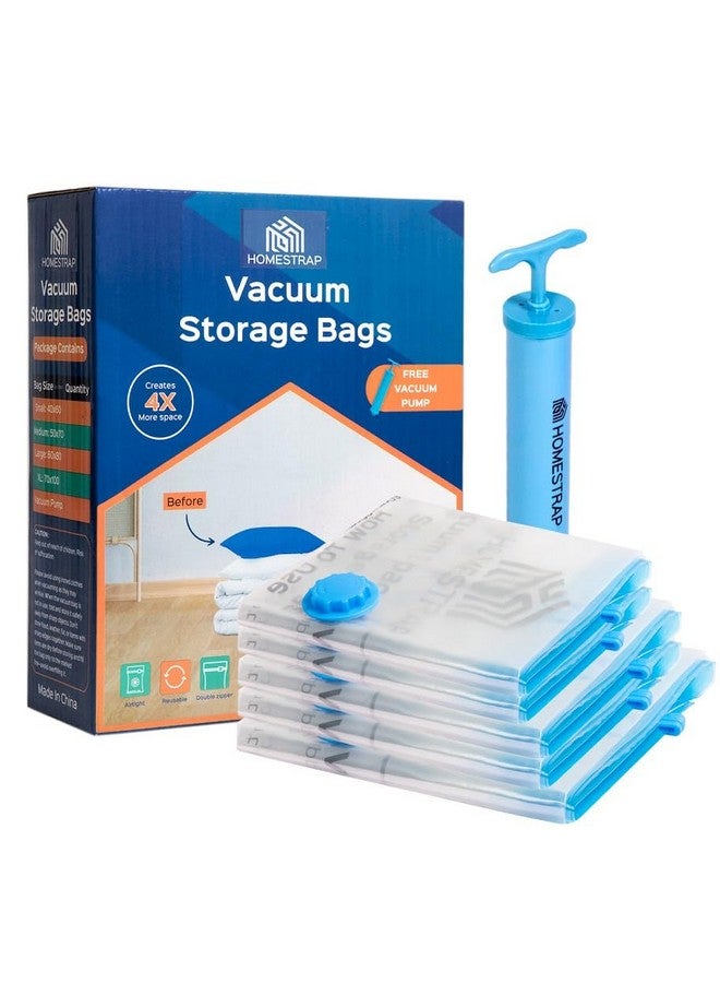 HomeStrap HomeStrap Vacuum Storage Bags with Pump (Pack of 5) 2 Small 2 Medium 1 Large |Airtight and Reusable Space Saver Double Ziplock Compression Bags with Vacuum Pump|Creates 4x More Space for Clothes - Image 1