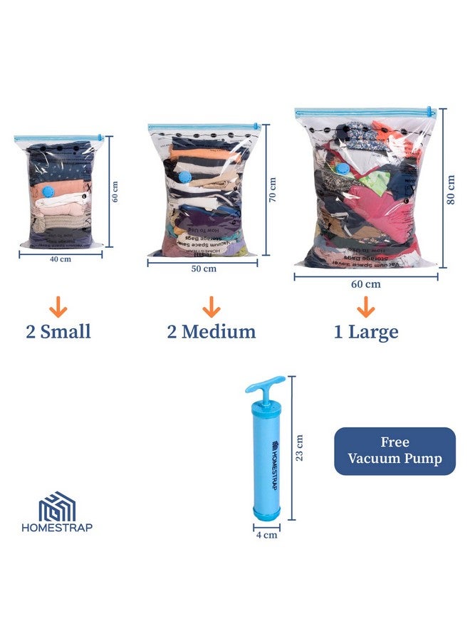 HomeStrap HomeStrap Vacuum Storage Bags with Pump (Pack of 5) 2 Small 2 Medium 1 Large |Airtight and Reusable Space Saver Double Ziplock Compression Bags with Vacuum Pump|Creates 4x More Space for Clothes - Image 2