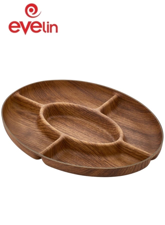 Evelin 5-Compartment Plastic Wooden Serving Bowl Divided Platter for Nuts and Snacks Wooden Serving Bowl for Nuts, Snacks and Dips 30*20cm (Shatter Resistant) - Image 1