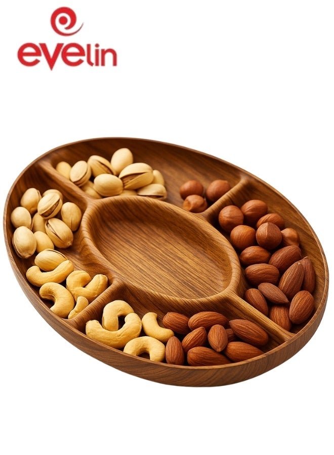 Evelin 5-Compartment Plastic Wooden Serving Bowl Divided Platter for Nuts and Snacks Wooden Serving Bowl for Nuts, Snacks and Dips 30*20cm (Shatter Resistant) - Image 2