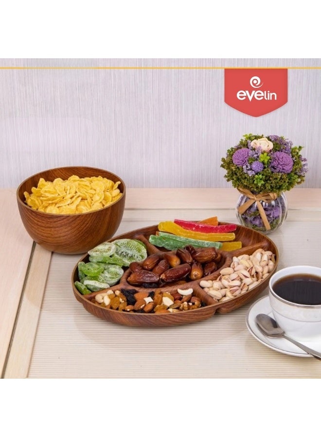 Evelin 5-Compartment Plastic Wooden Serving Bowl Divided Platter for Nuts and Snacks Wooden Serving Bowl for Nuts, Snacks and Dips 30*20cm (Shatter Resistant) - Image 3