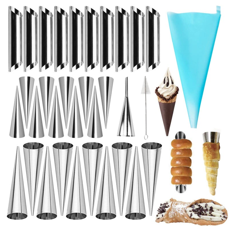 VolksRose 30pcs Cream Horn Mold Cannoli Forms Tubes Kit Stainless Steel 20pcs Cone Shaped and 10pcs Tubular Shaped Baking Molds for Danish Pastry Lady Lock Form Cream Roll Croissant