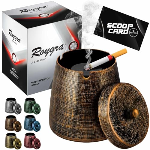 roygra Outdoor Ashtray for Outside Patio, Metal Windproof Smokeless Ashtray with Lid, Home Table Decor, Patio Decorations Outdoor, Ashtrays for Smokers Indoor - Bronze, Small (3.81 x 3.08 x 3.08’’) - Image 1