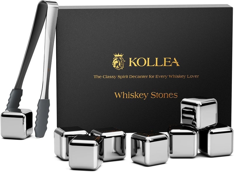 مجموعة كوليا من الفولاذ المقاوم للصدأ مكونة من 8 مكعبات ثلج قابلة لإعادة الاستخدام مع ملقط وصينية تخزين في الفريزر للويسكي والنبيذ - Image 1