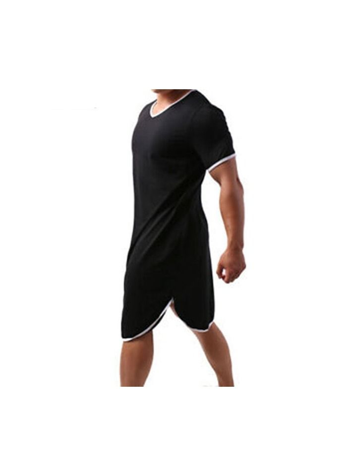 1-Piece V-neck Short Sleeve Comfy Gown Pajamas Home Clothes Robe Men Sleep Night Wear Long Color Black Size 3XL - Image 3