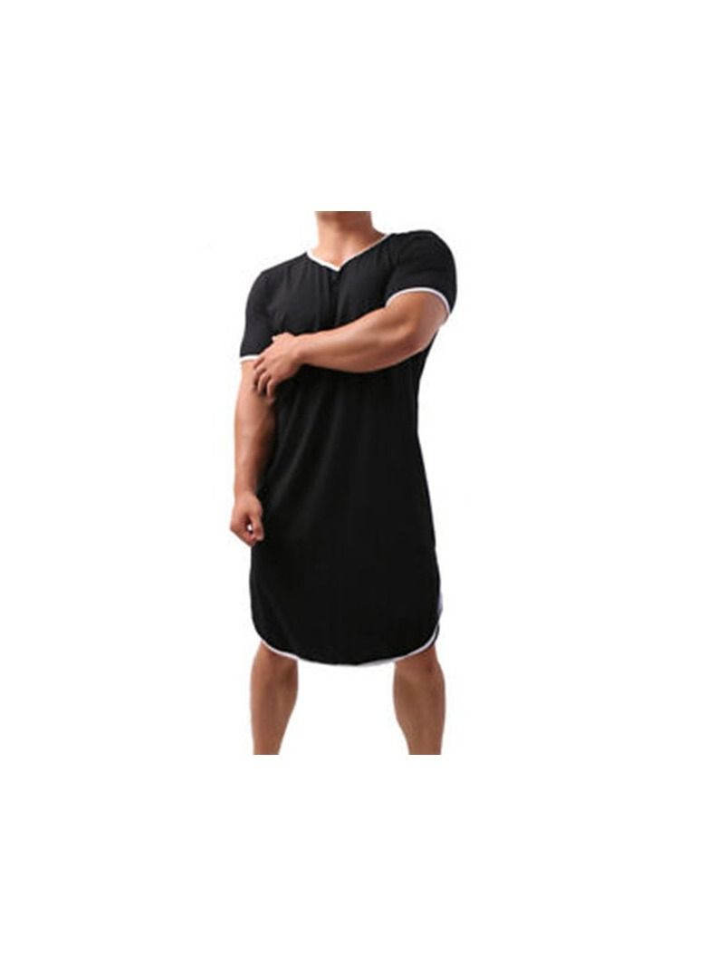 1-Piece V-neck Short Sleeve Comfy Gown Pajamas Home Clothes Robe Men Sleep Night Wear Long Color Black Size 3XL - Image 2