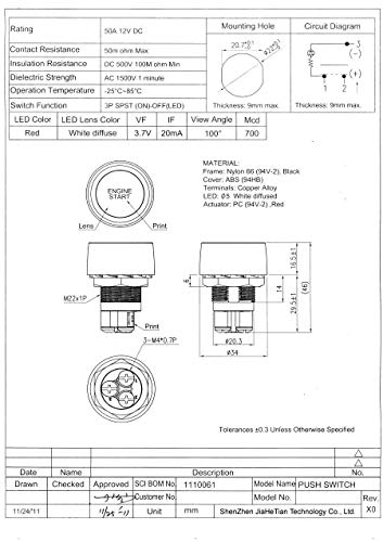 Jtron Start Switch 12v DC 50A Blue Car Start Engine Button Stater，Jtron Push Button Light Switch Push Start Ignition Switch for Racing SPST(ON)-Off Momentary (Blue) - Image 5