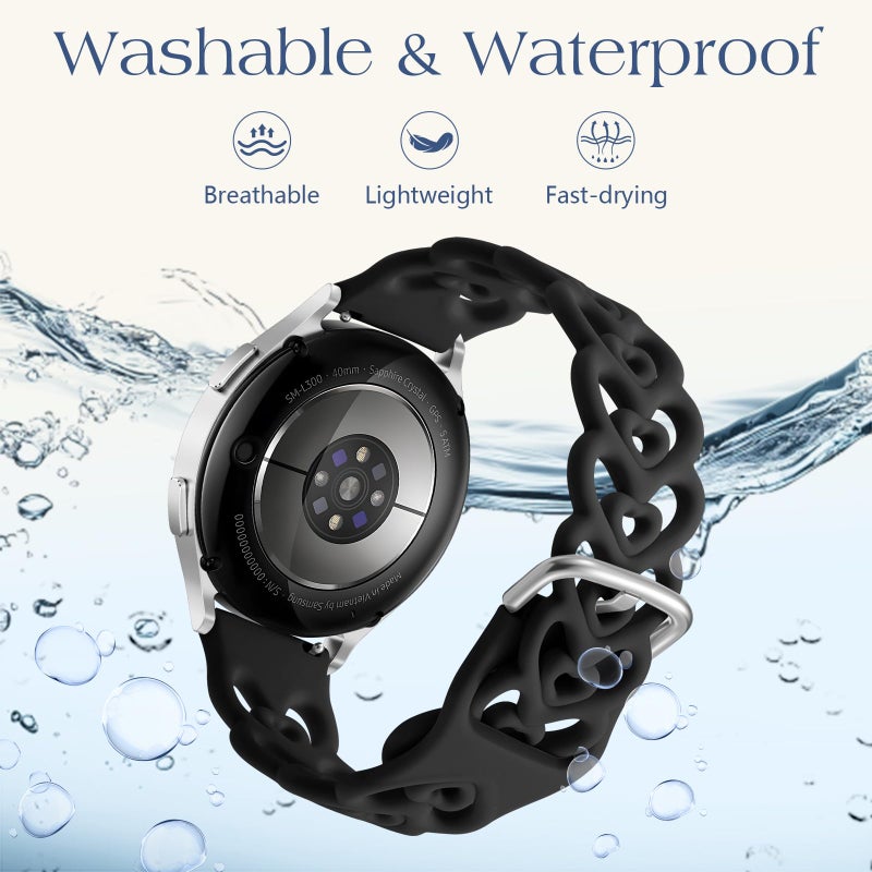 DaQin Double Hearts Bands for Samsung Galaxy Watch 7 6 5 4 Active 2 40mm 44mm/Watch 6/4 Classic 43mm 47mm 42mm 46mm/5 Pro, 20mm Breathable Silicone Cut-out Strap for Samsung Watch Bands Women, Black - Image 2