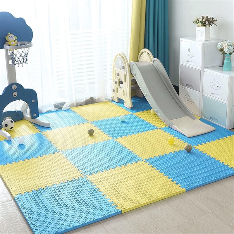 MAX-EMA GLOBAL Max-Ema Interlocking Foam Floor Tiles Blue And Yellow 30x30x0.8cm Pack of 12 For Home Gym, Exercise Floor Mat, Workout Equipment, Play Area Soft Foam Mat Soft Eva Foam Flooring And House Gym Flooring - Image 1