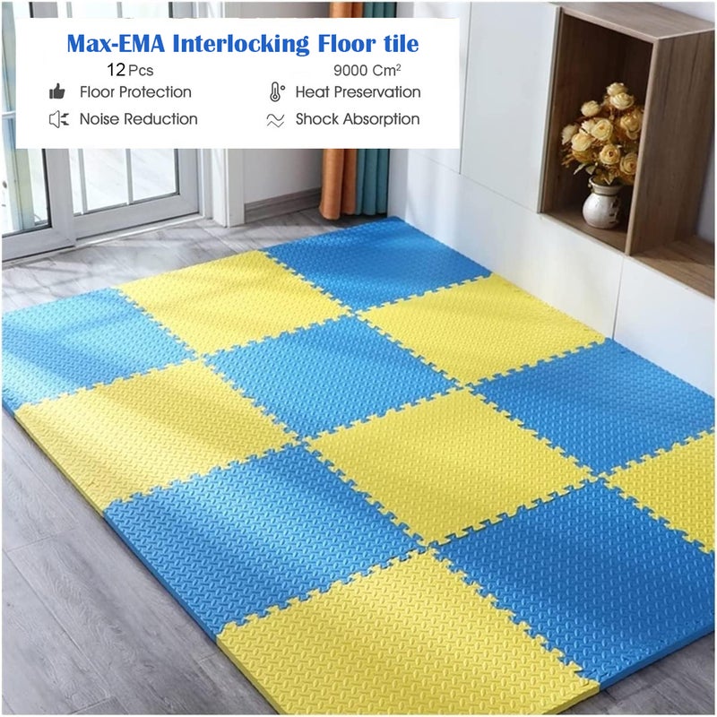 MAX-EMA GLOBAL Max-Ema Interlocking Foam Floor Tiles Blue And Yellow 30x30x0.8cm Pack of 12 For Home Gym, Exercise Floor Mat, Workout Equipment, Play Area Soft Foam Mat Soft Eva Foam Flooring And House Gym Flooring - Image 2