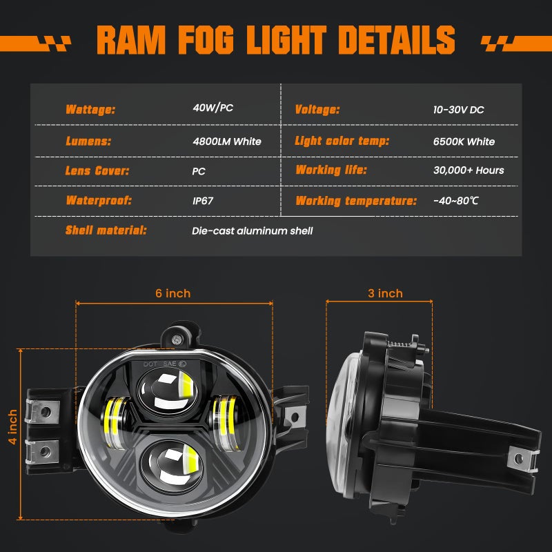 KARSAM Upgraded Ram 1500 LED Fog Lights for Dodge Ram 1500/2500/3500 2002 2003 2004 2005 2006 2007 2008 2009 Pickup Truck Accessories, 80W Fog Light Assembly Replacement Kit,DOT Front Bumper Fog Lamps - Image 2