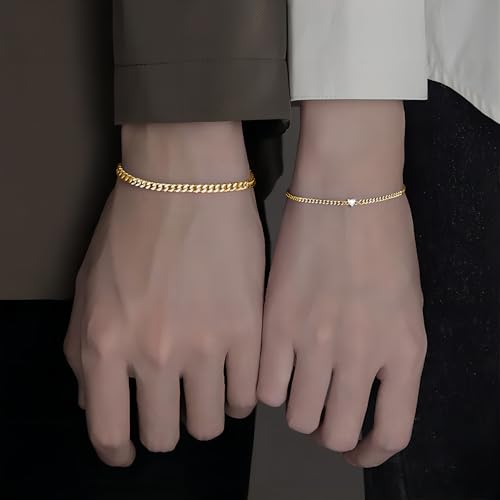 CSIYANJRY99 2 Pcs Matching Bracelets for Couples Permanent Rhinestone Heart Bracelets Stainless Steel Cuban Chain Bracelet Set Pinky Promise Friendship Bracelets for Women (Gold Zircon Heart) - Image 2