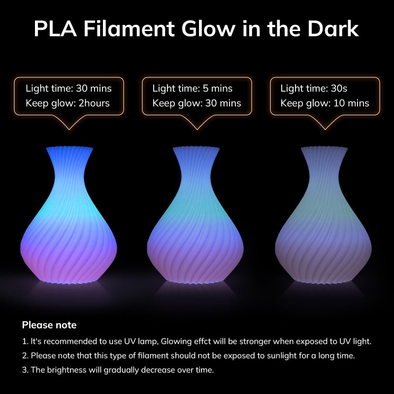 AMOLEN Glow in The Dark Multicolor Fast Change 3D Printer Filament 1.75mm, 5 Meter Green, Blue and Blue Purple Bundle, 1.75mm PLA Filament, 3D Glitter Printing Filament 200g X 4 Pack - Image 3
