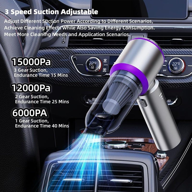 AoMige 4 in 1 Wireless Car Vacuum,15000PA Portable Rechargeable Vacuum Cleaner,Brushless Motor Handheld Car Vacuum,Strong Suction Air Duster Vacuum for Cleaning Pet Hair,Home, Desktop,Office,Car (Silver) - Image 4