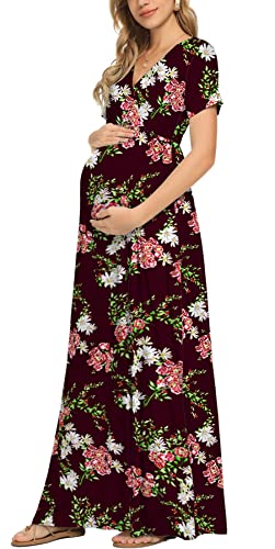 Xpenyo Women's Floral Maternity Dresses Summer Casual Short Sleeve V Neck Wrap Long Maxi Dress Pregnancy Clothes for Baby Shower, Photoshoot, Party, Daily, Nursing, Flower Wine Red M - Image 2