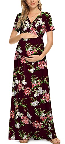 Xpenyo Women's Floral Maternity Dresses Summer Casual Short Sleeve V Neck Wrap Long Maxi Dress Pregnancy Clothes for Baby Shower, Photoshoot, Party, Daily, Nursing, Flower Wine Red M - Image 1
