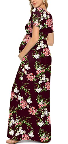 Xpenyo Women's Floral Maternity Dresses Summer Casual Short Sleeve V Neck Wrap Long Maxi Dress Pregnancy Clothes for Baby Shower, Photoshoot, Party, Daily, Nursing, Flower Wine Red M - Image 3