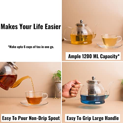 InstaCuppa Borosilicate Glass Teapot with Removable Stainless Steel Infuser for Infusing Blooming Teas, Loose Leaf Teas - Stovetop, Microwave & Dishwasher Safe, Neoprene Sleeve for Protection, 1200 ML - Image 4