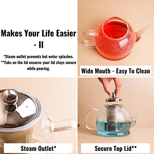 InstaCuppa Borosilicate Glass Teapot with Removable Stainless Steel Infuser for Infusing Blooming Teas, Loose Leaf Teas - Stovetop, Microwave & Dishwasher Safe, Neoprene Sleeve for Protection, 1200 ML - Image 5
