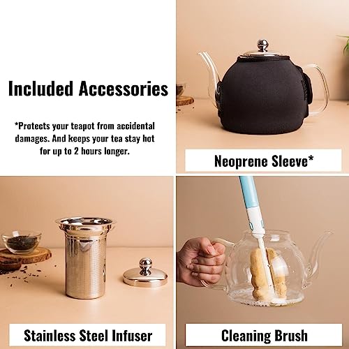 InstaCuppa Borosilicate Glass Teapot with Removable Stainless Steel Infuser for Infusing Blooming Teas, Loose Leaf Teas - Stovetop, Microwave & Dishwasher Safe, Neoprene Sleeve for Protection, 1200 ML - Image 2
